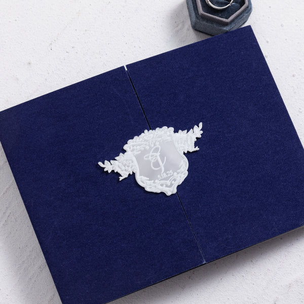 Luxury Velvet Pocket Acrylic Invitations with Mirror Emblem
