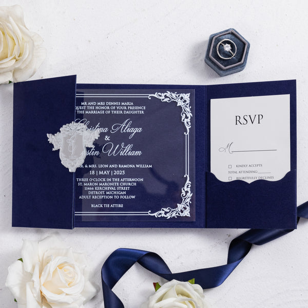 Luxury Velvet Pocket Acrylic Invitations with Mirror Emblem