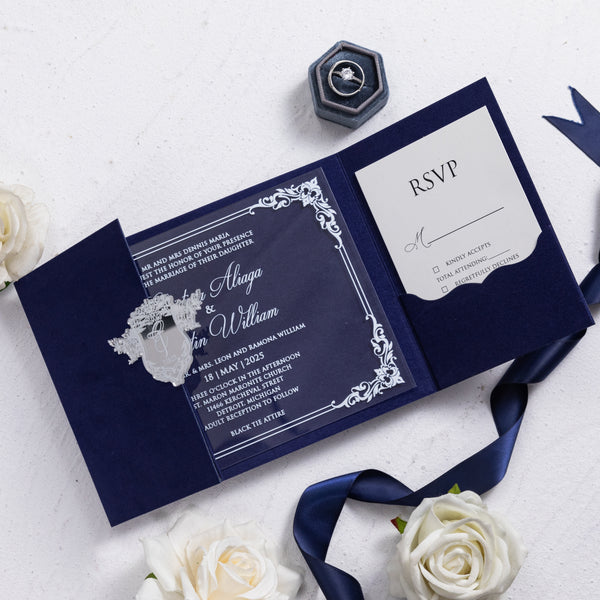 Luxury Velvet Pocket Acrylic Invitations with Mirror Emblem