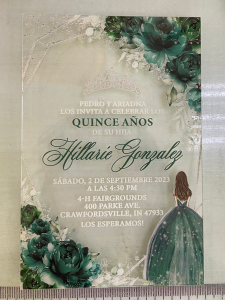 Emerald Green and Silver Geometric Quinceanera Acrylic Invitations