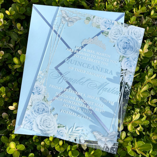 Light Blue Floral Butterflies and Silver Geometric Acrylic Invitation