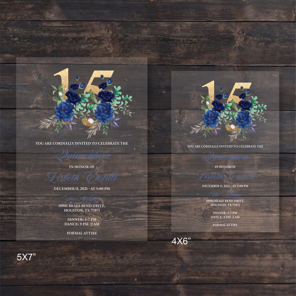 Navy Blue Floral & Gold Quinceanera 15 Acrylic Invitation