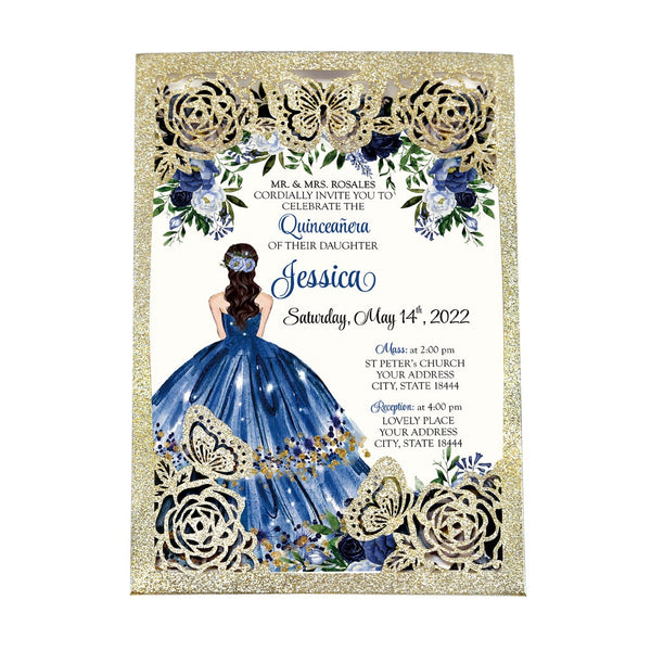 Gold Glitter Butterfly and Blue Dress Quinceanera Laser Cut Invitations