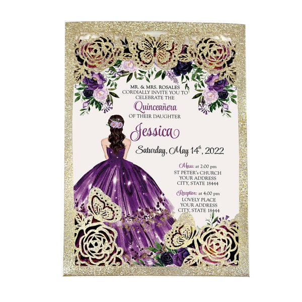 Gold Glitter Butterfly and Purple Dress Quinceanera Laser Cut Invitations