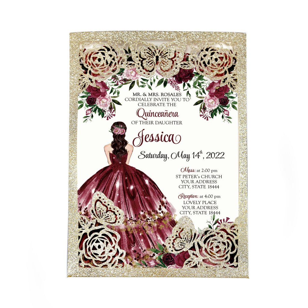 Gold Glitter Butterfly and Burgundy Dress Quinceanera Laser Cut Invita   Invitations by Luis Sanchez