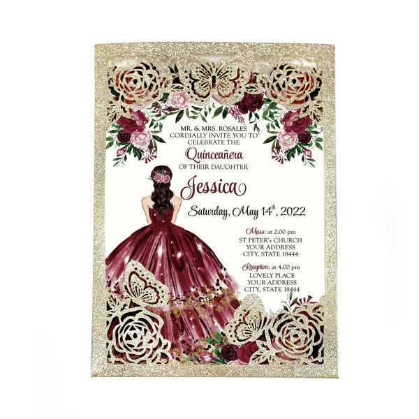 Gold Glitter Butterfly and Burgundy Dress Quinceanera Laser Cut Invitations