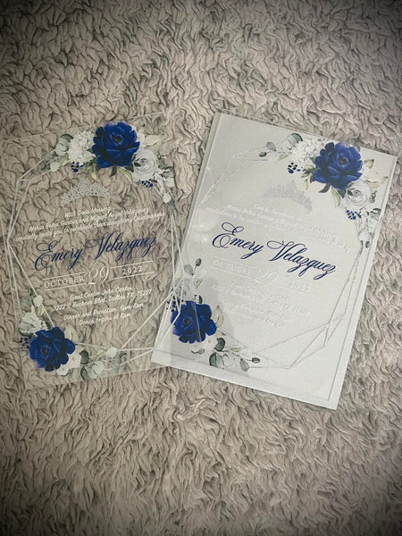Royal Blue and Silver Floral Acrylic Invitation