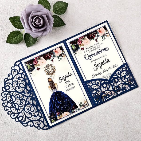 Navy Blue with Diamond Brooch Quinceanera Laser Cut Invitations