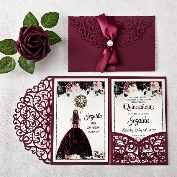 Burgundy with Diamond Brooch Quinceanera Laser Cut Invitations