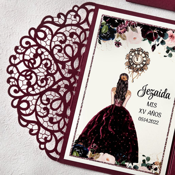 Burgundy with Diamond Brooch Quinceanera Laser Cut Invitations