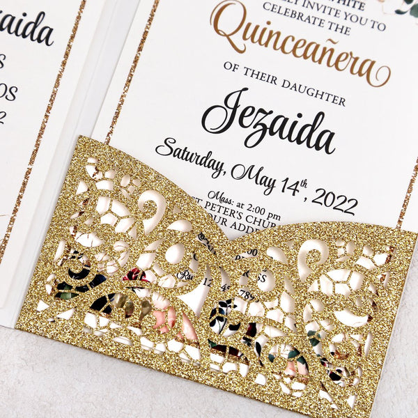 Gold Glitter with Burgundy Ribbon and Diamond Brooch Quinceanera Laser Cut Invitations
