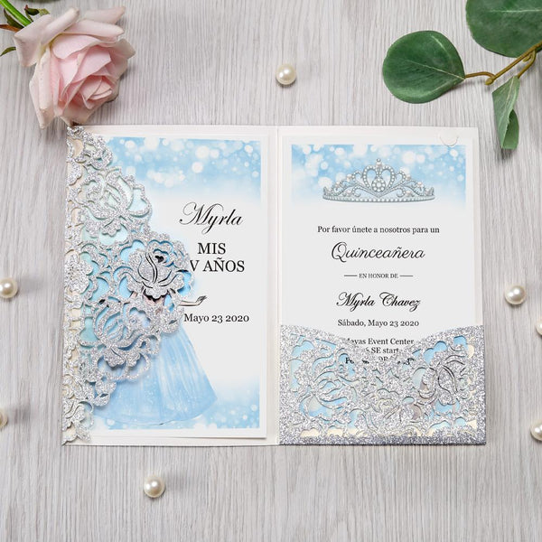 Silver Glitter and Light Blue Cinderella Quinceanera Tri Fold Laser Cut Invitation