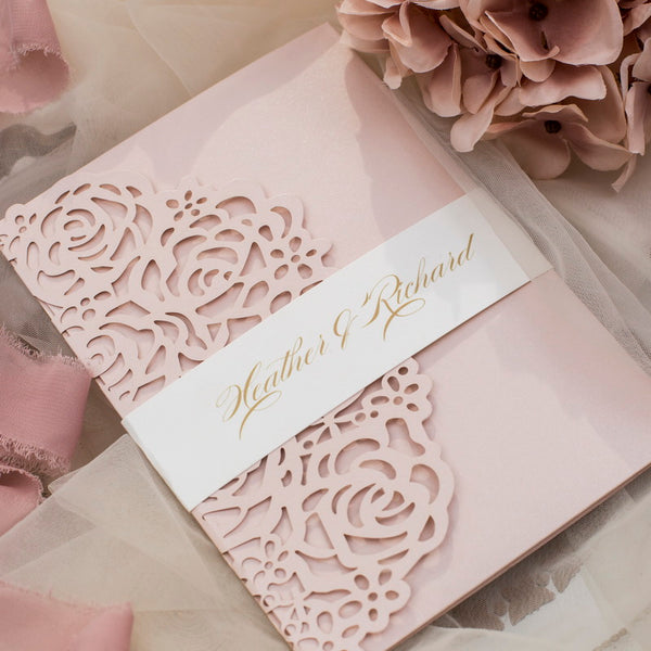 Blush Shimmer Rose Design Tri-fold Laser Cut Invitation