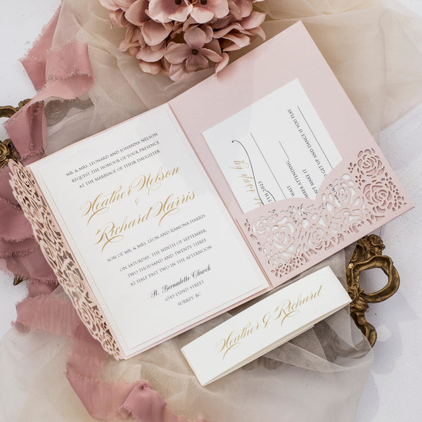 Blush Shimmer Rose Design Tri-fold Laser Cut Invitation