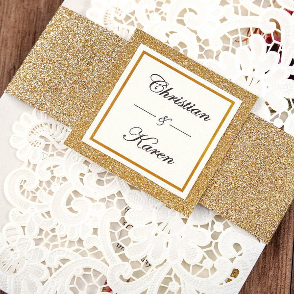 Burgundy Floral with Gold Glitter and Ivory Laser Cut Wedding Invitation