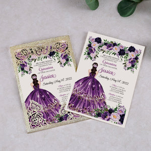 Gold Glitter Butterfly and Purple Dress Quinceanera Laser Cut Invitations