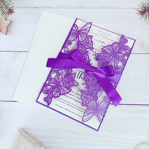 Floral Butterfly with Ribbon Laser Cut Invitation