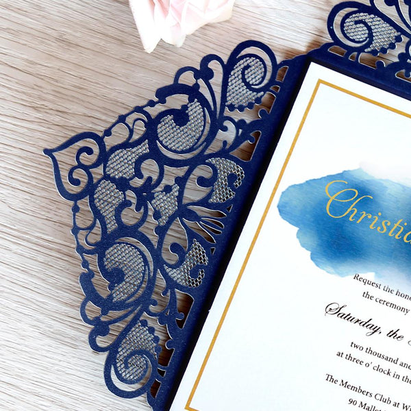 Navy Blue Watercolor with Gold Glitter Band Wedding Laser Cut Invitation