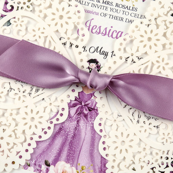 Purple Ribbon and Ivory Quinceanera Laser Cut Invitation