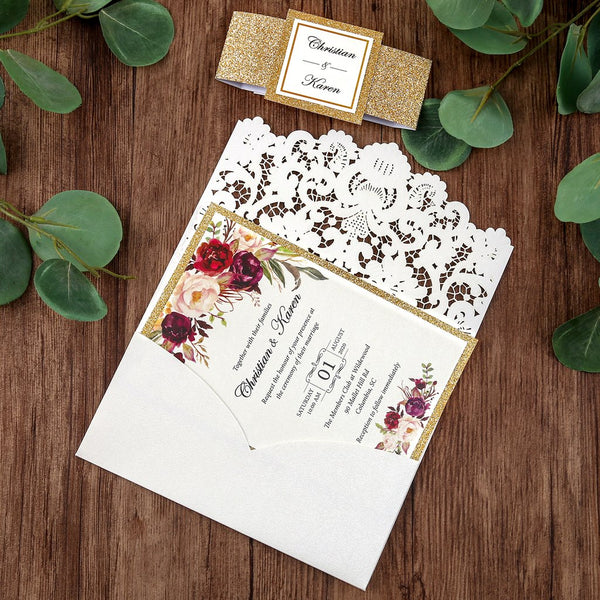 Burgundy Floral with Gold Glitter and Ivory Laser Cut Wedding Invitation