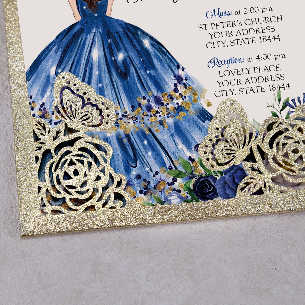 Gold Glitter Butterfly and Blue Dress Quinceanera Laser Cut Invitation Invitations by Luis Sanchez Gold Glitter Butterfly and Blue Dress Quinceanera Laser Cut Invitation Invitations by Luis Sanchez