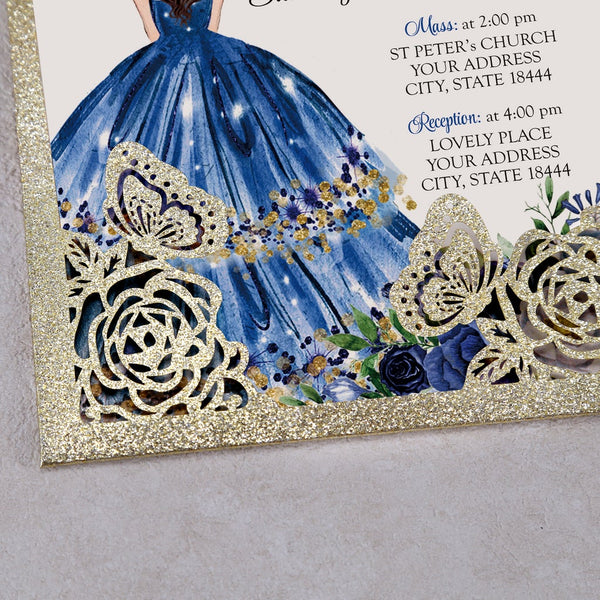 Gold Glitter Butterfly and Blue Dress Quinceanera Laser Cut Invitations