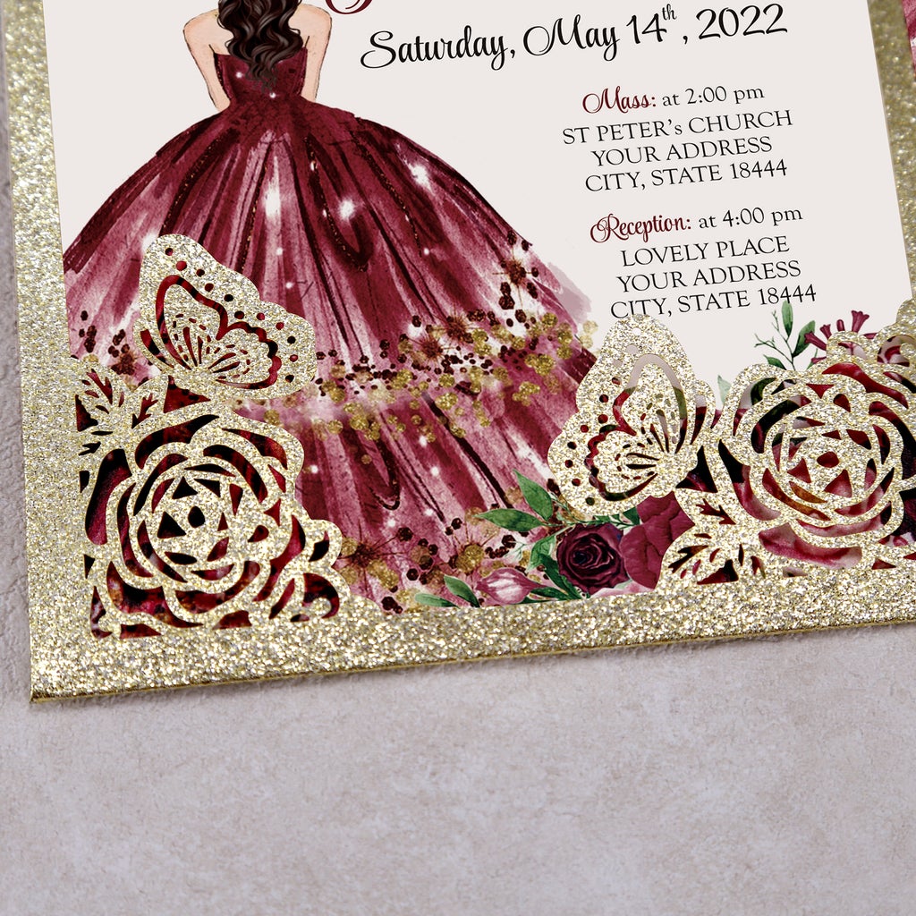 Gold Glitter Butterfly and Burgundy Dress Quinceanera Laser Cut Invita –  Invitations by Luis Sanchez