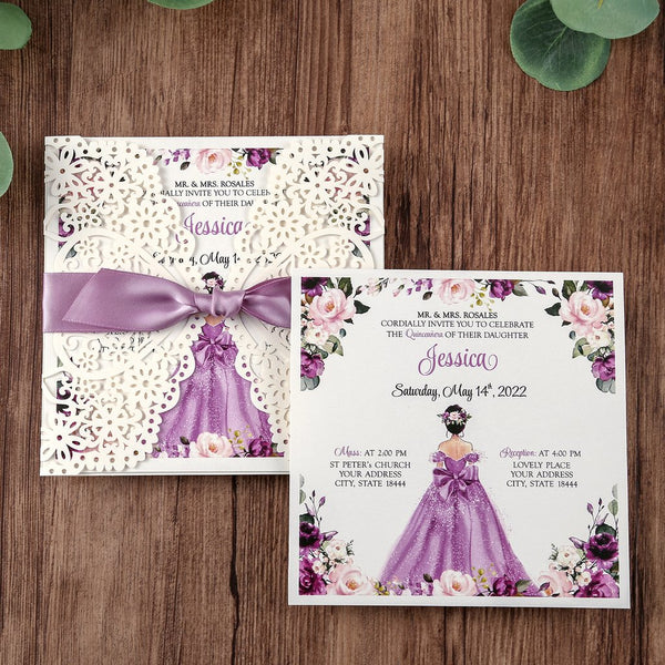 Purple Ribbon and Ivory Quinceanera Laser Cut Invitation