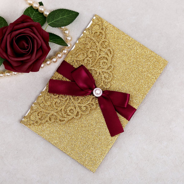 Gold Glitter with Burgundy Ribbon and Diamond Brooch Quinceanera Laser Cut Invitations