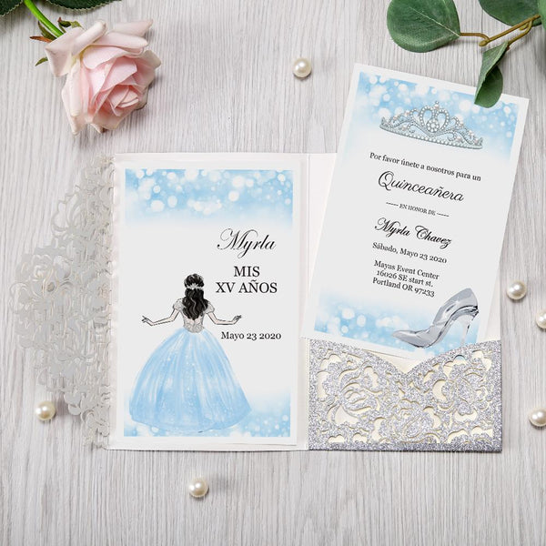 Silver Glitter and Light Blue Cinderella Quinceanera Tri Fold Laser Cut Invitation