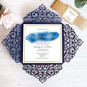 Navy Blue Watercolor with Gold Glitter Band Wedding Laser Cut Invitation