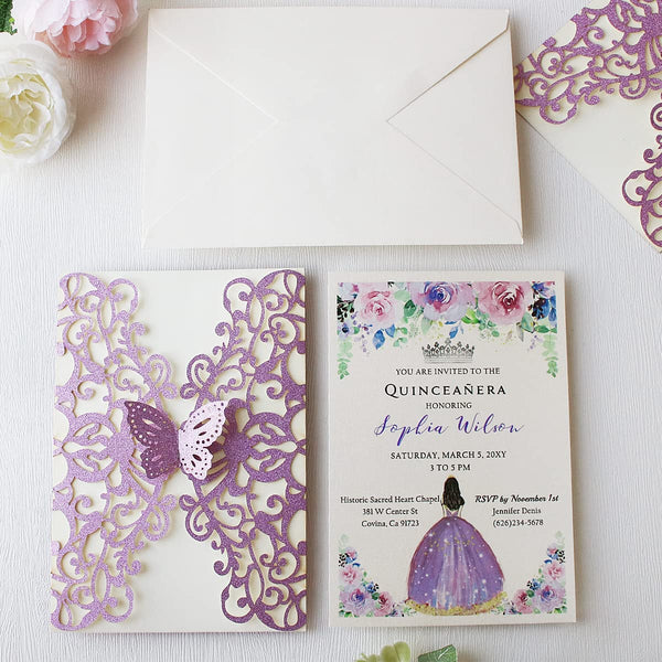 Light Purple Glitter Butterfly Gatefold Laser Cut Invitation
