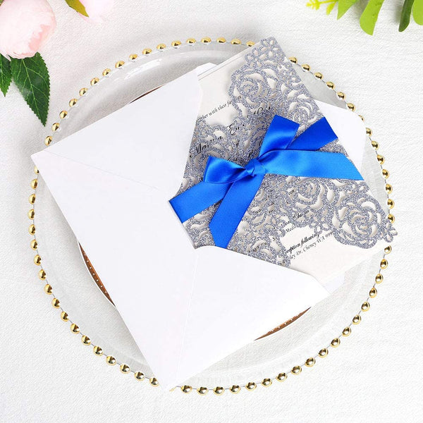 Silver Glitter with Royal Blue Ribbon Floral Laser Cut Invitation