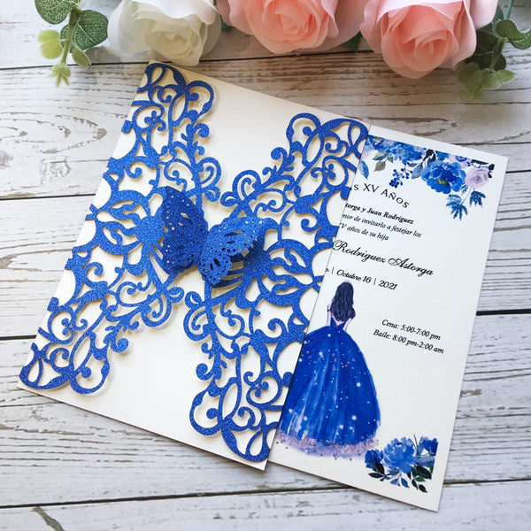 Royal Blue Glitter Butterfly Gatefold Laser Cut Invitation