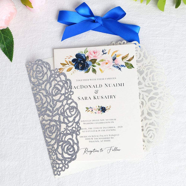 Silver Glitter with Royal Blue Ribbon Floral Laser Cut Invitation