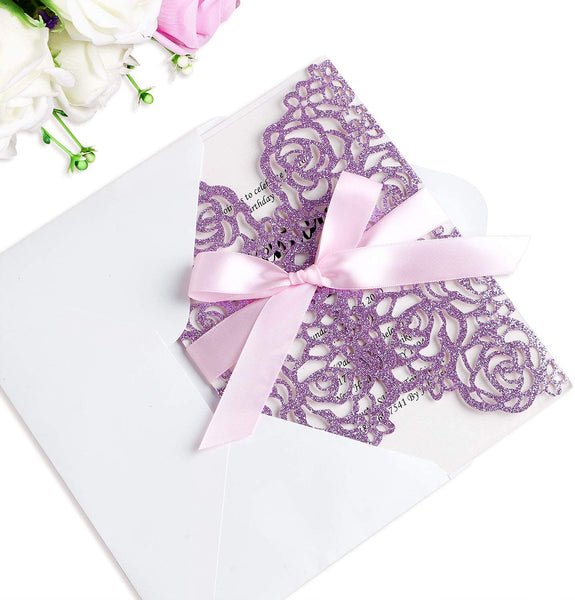 Purple Glitter Rose Laser Cut Invitation