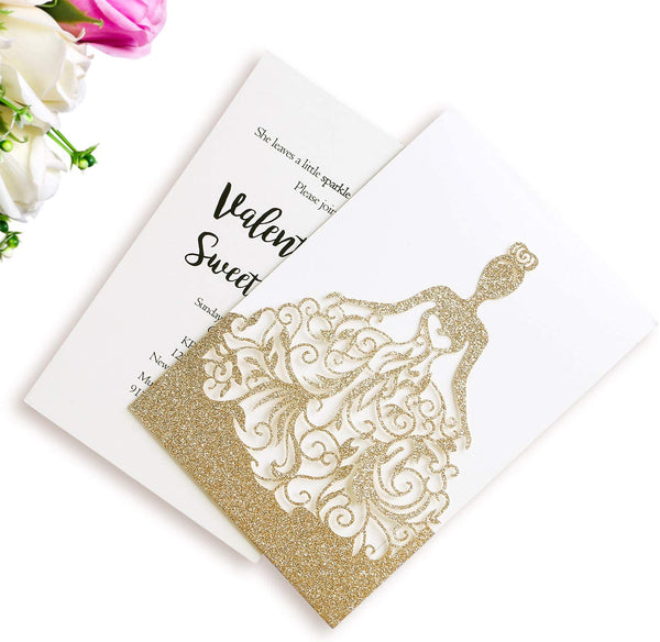 Gold Glitter Dress Quinceanera Laser Cut Invitation