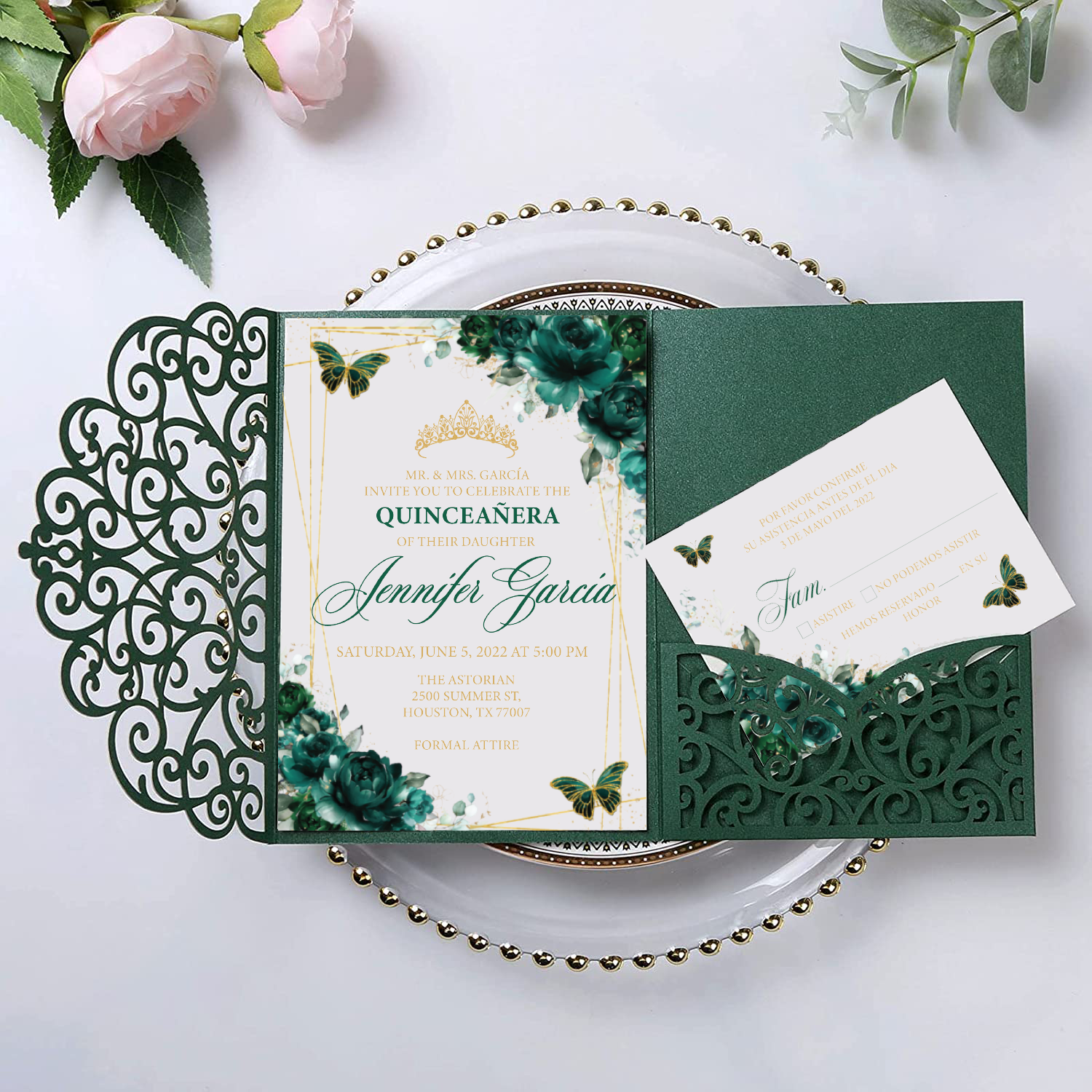 Emerald Green and Gold Frame with Butterflies Acrylic Invitations –  Invitations by Luis Sanchez