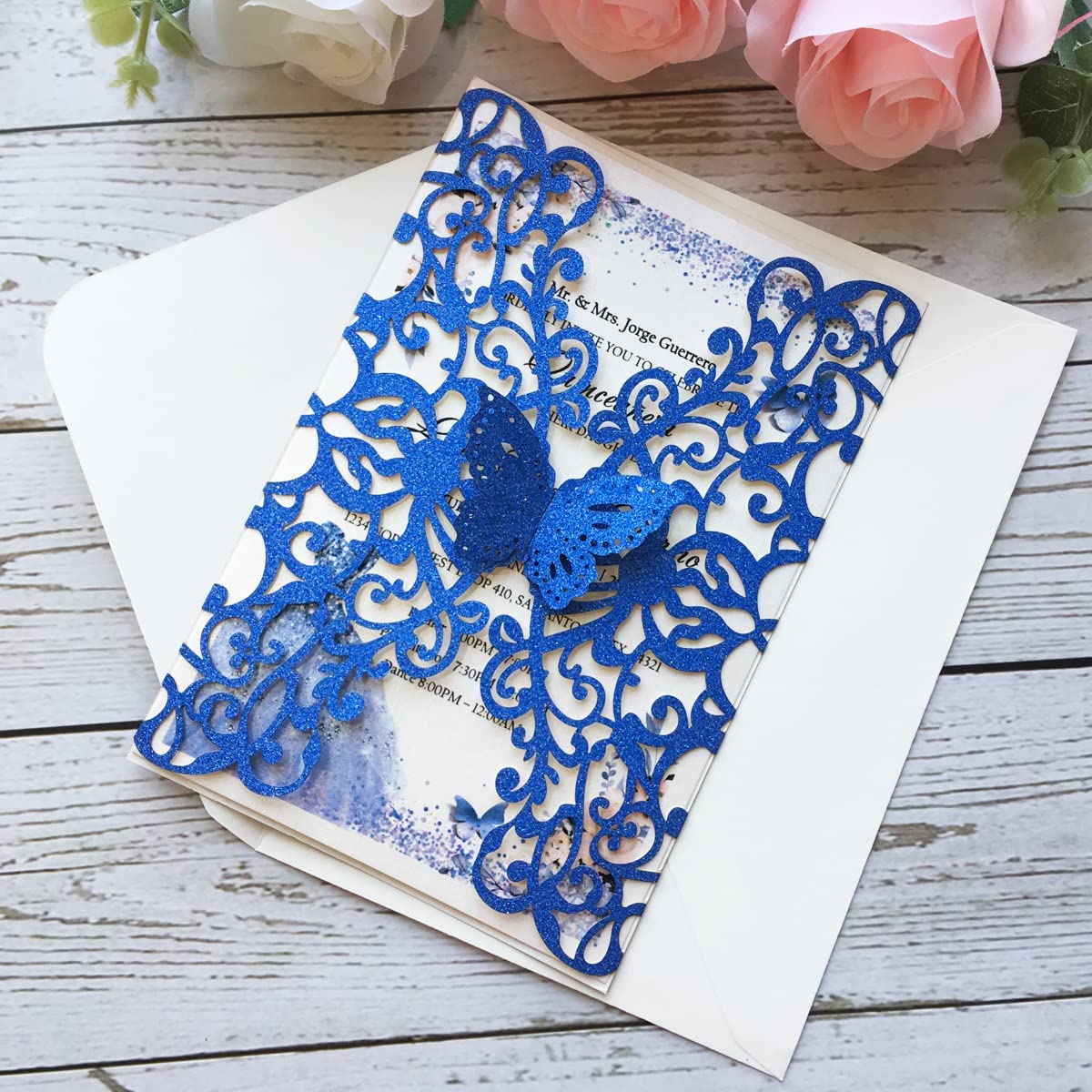 Royal Blue Glitter Butterfly Gatefold Laser Cut Invitation