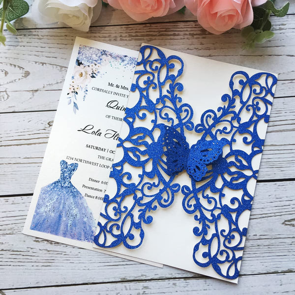 Royal Blue Glitter Butterfly Gatefold Laser Cut Invitation