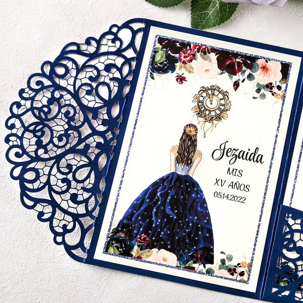 Navy Blue with Diamond Brooch Quinceanera Laser Cut Invitations