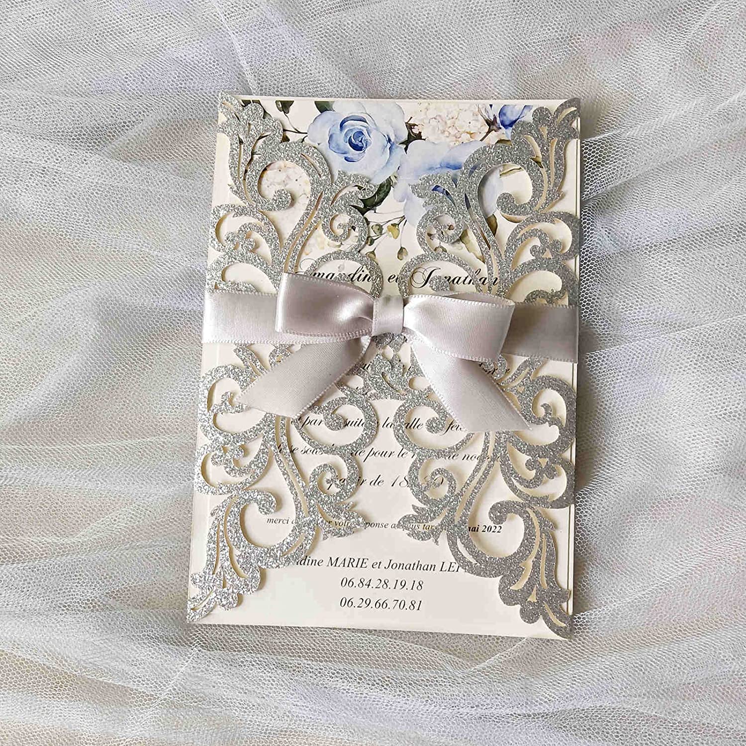 Silver Glitter Elegant Ribbon Laser Cut Invitation