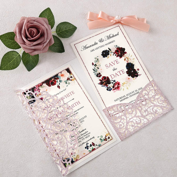 Rose Gold with Burgundy Floral Tri Fold Invitation