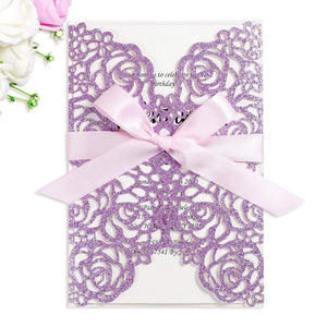 Purple Glitter Rose Laser Cut Invitation
