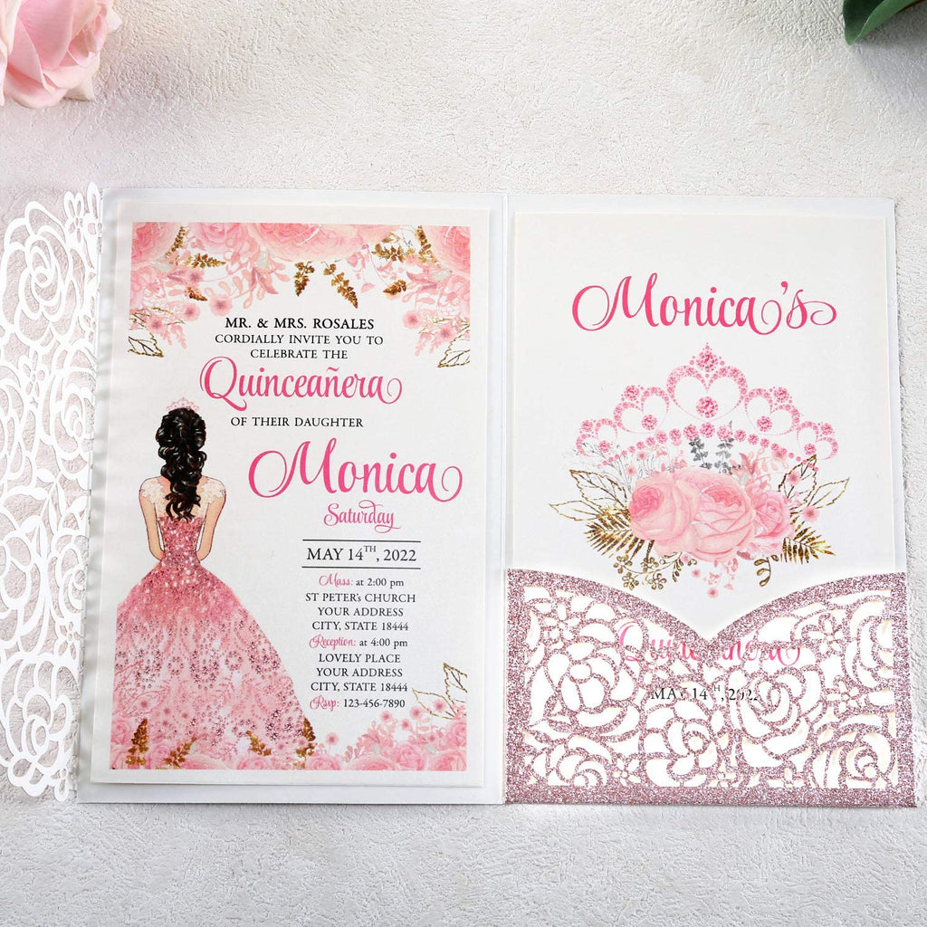 rose gold sparkle dress quinceanera invitation Rose Gold Glitter Crown Quinceanera Laser Cut Invitation Invitations by Luis Sanchez
