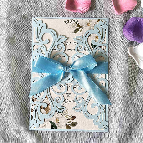 Light Blue Elegant Ribbon Laser Cut Invitations