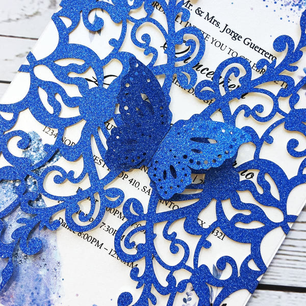 Royal Blue Glitter Butterfly Gatefold Laser Cut Invitation