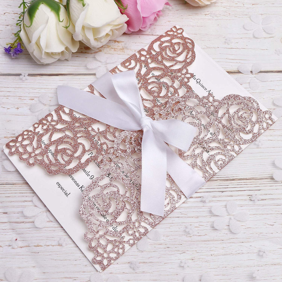 Rose Gold Glitter Floral Laser Cut Invitations – Invitations by Luis ...