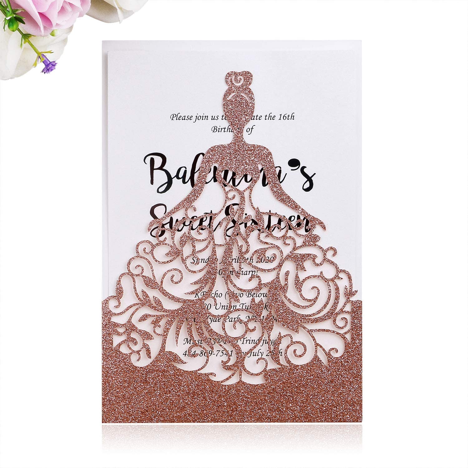 rose gold sparkle dress quinceanera invitation Elegant Spanish Quinceaera Mis Quince Pink Rose Invitation