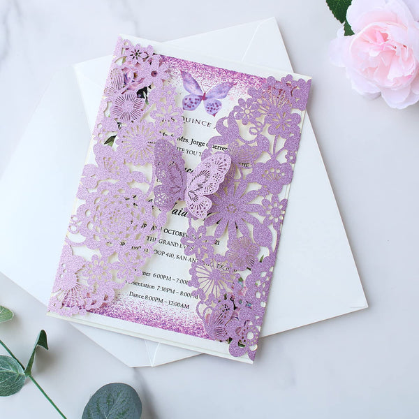 Light Purple Glitter Butterfly Laser Cut Invitation